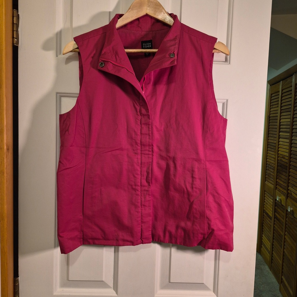 Eileen Fisher Womens Magenta Pink Italian Fabric Cotton Nylon Zip Front Vest M